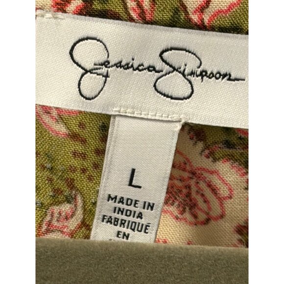 Jessica Simpson Olive Green Floral Boho Blouse With Tie Neck Sz L - Picture 2 of 11